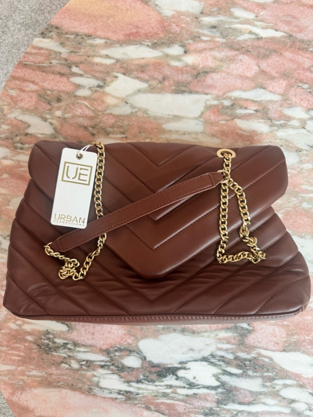 NWT Vegan Leather Chocolate Bag with Gold Chain